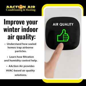 Smart thermostat displaying air quality status to improve winter indoor air quality at home