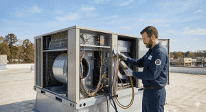 A NATE-certified technician performing preventative spring maintenance on a commercial rooftop HVAC unit in Lithia Springs, GA.
